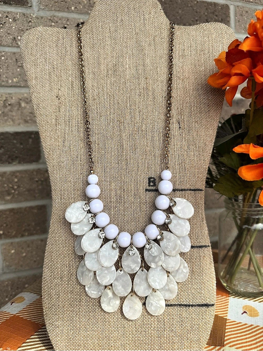 White Pearlized Teardrop Cascade Rhinestone Bib Statement Necklace